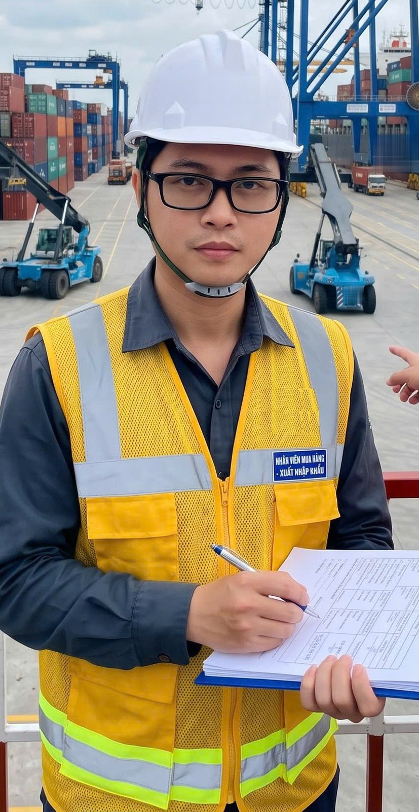 Nguyễn Thanh Tùng đội mũ bảo hộ, mặc áo phản quang, cầm bộ chứng từ ở cảng container